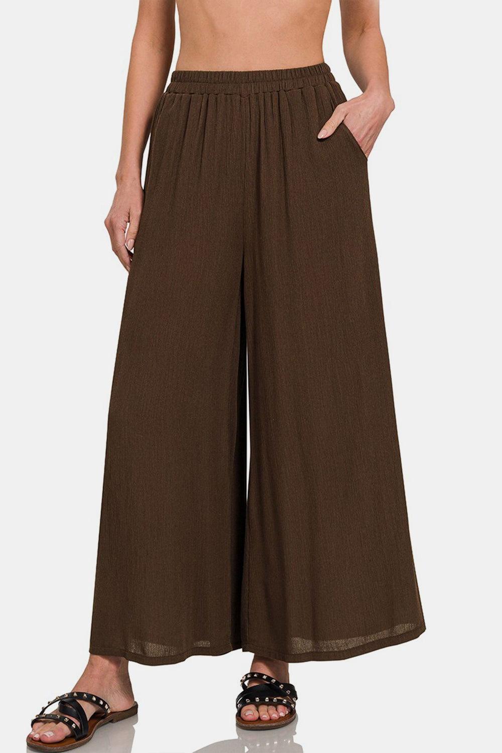 Zenana Woven Wide Leg Pants With Pockets - Clothes For Her Online Store