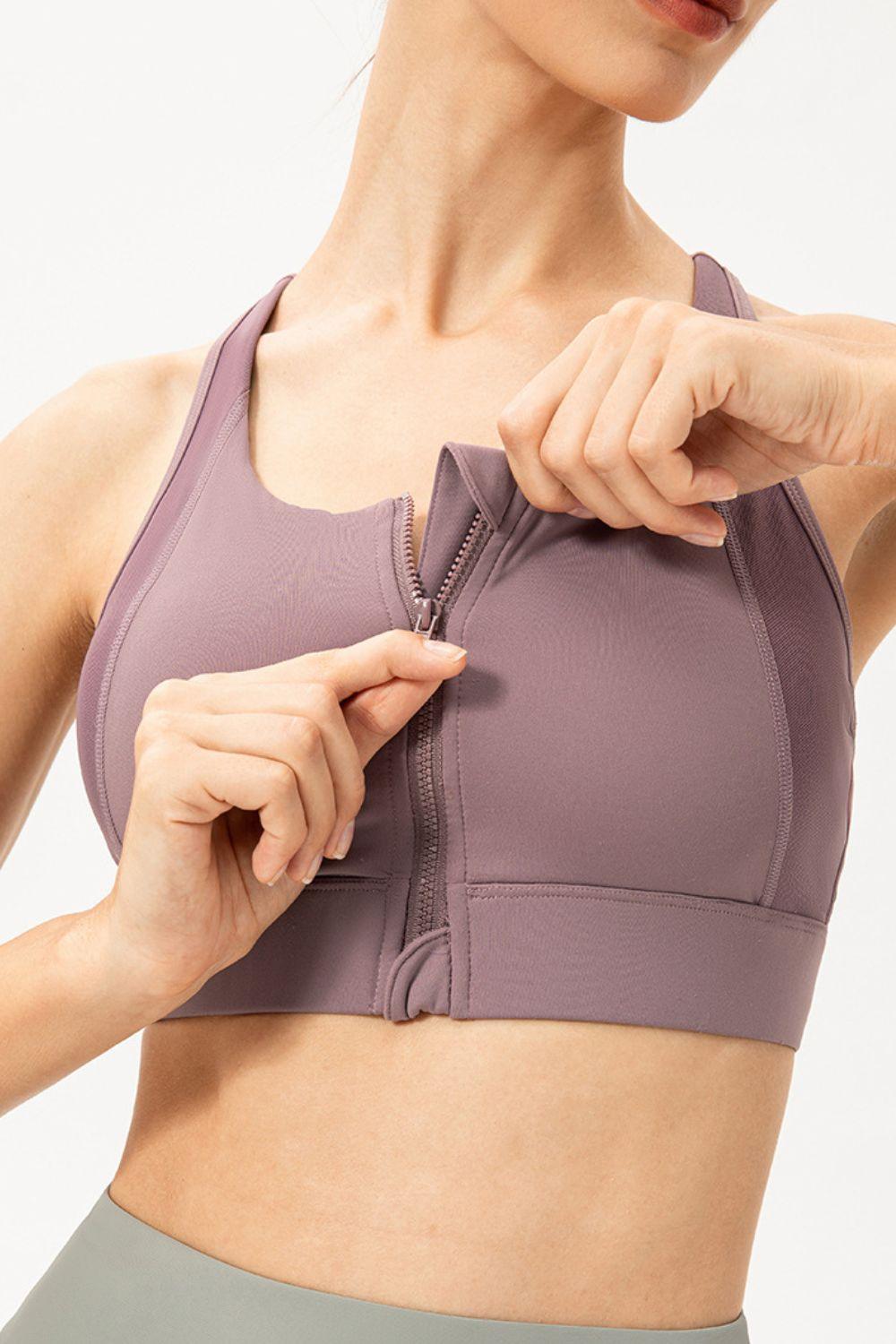 Zip-Up Round Neck Sports Bra - Clothes For Her Online Store