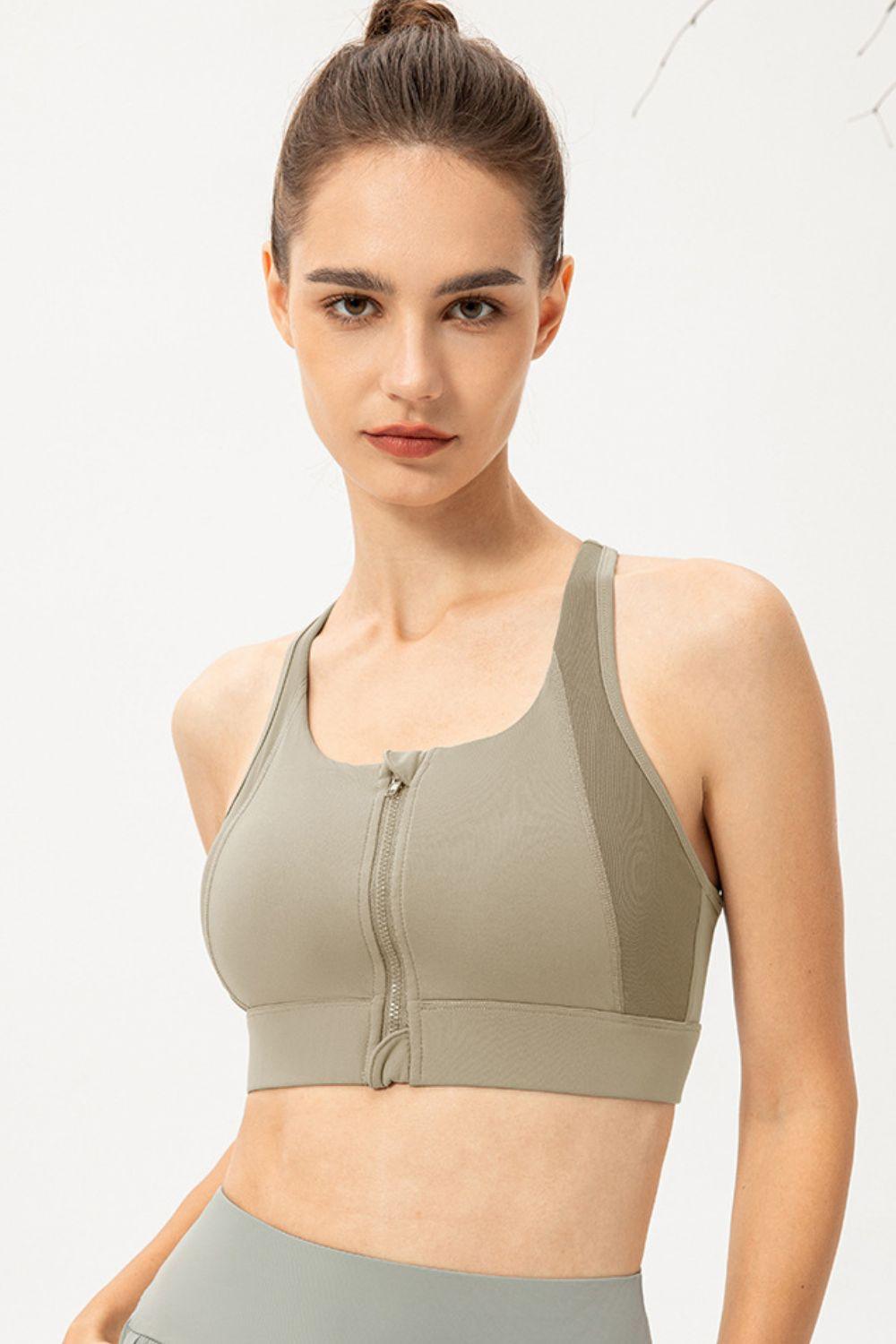 Zip-Up Round Neck Sports Bra - Clothes For Her Online Store