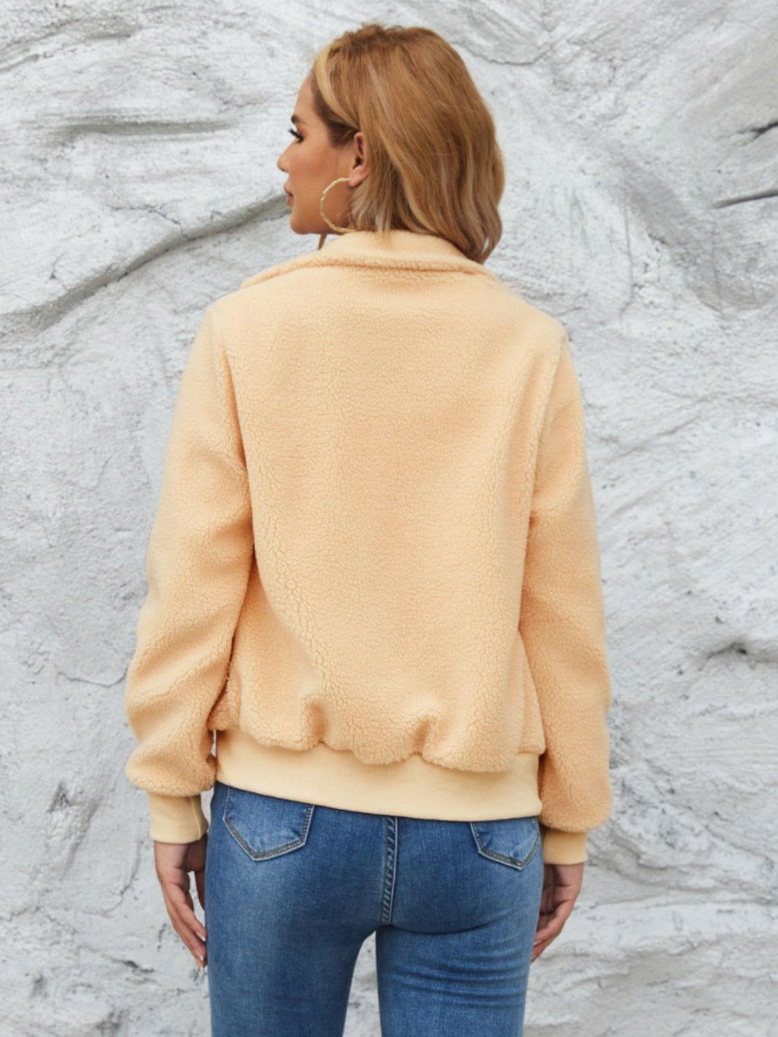 Zip Up Collared Neck Long Sleeve Jacket - Clothes For Her Online Store