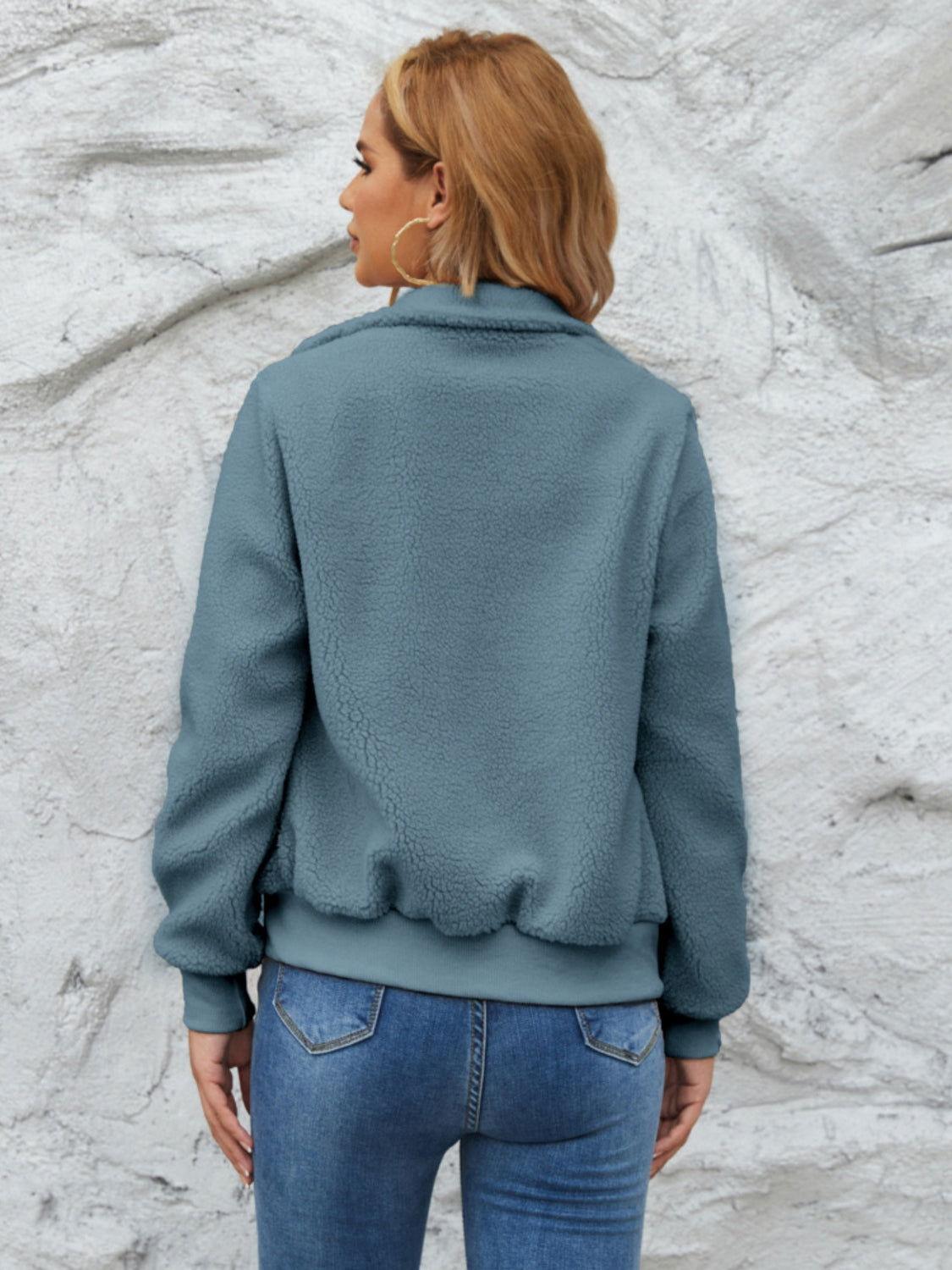 Zip Up Collared Neck Long Sleeve Jacket - Clothes For Her Online Store