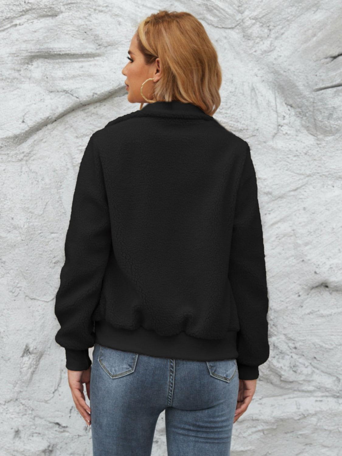 Zip Up Collared Neck Long Sleeve Jacket - Clothes For Her Online Store