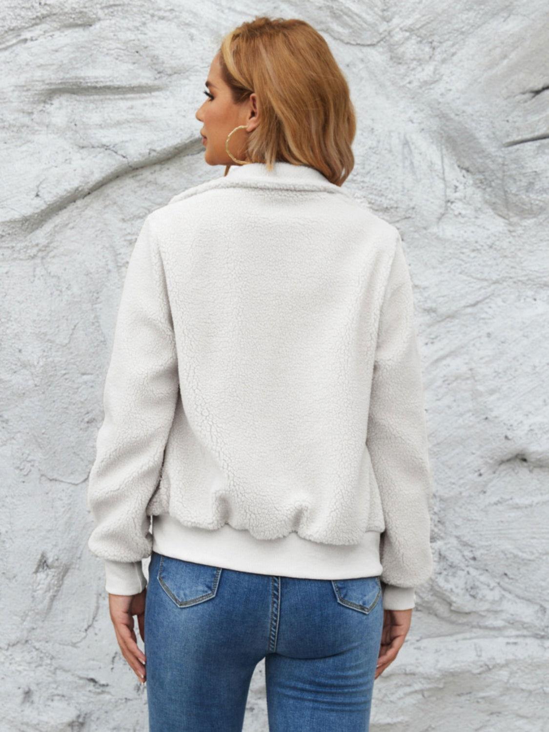Zip Up Collared Neck Long Sleeve Jacket - Clothes For Her Online Store