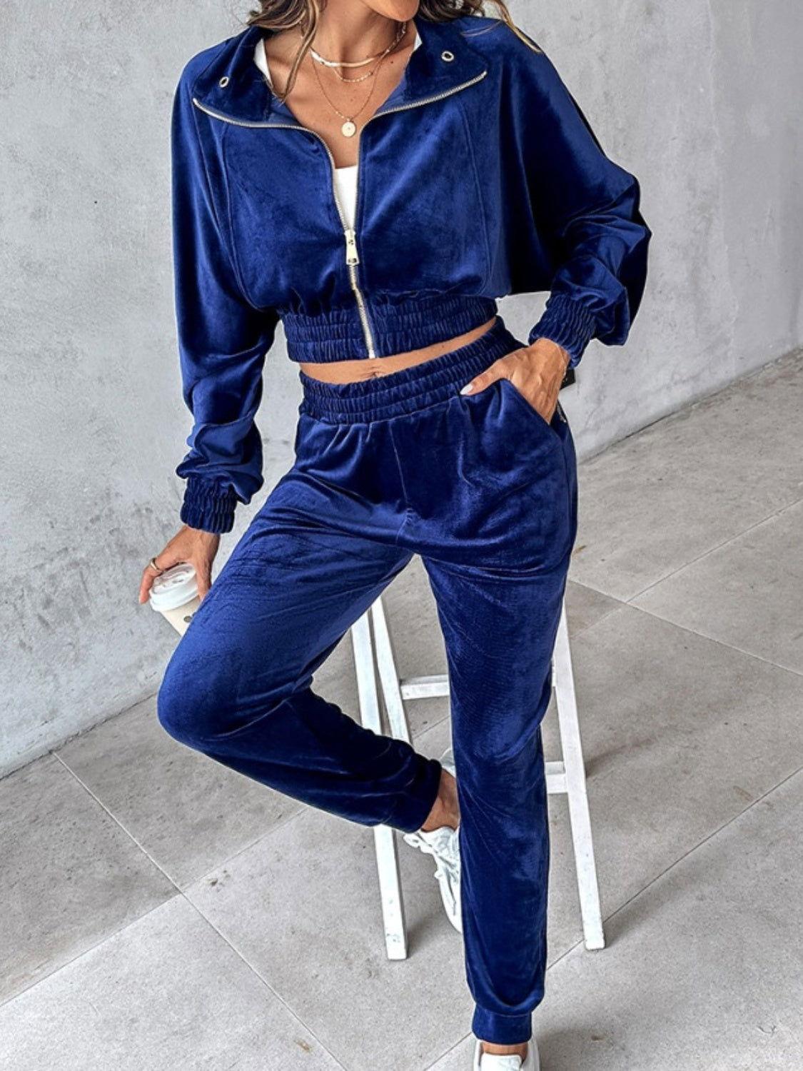 Zip Up Long Sleeve Cropped Top and Joggers Set - Clothes For Her Online Store