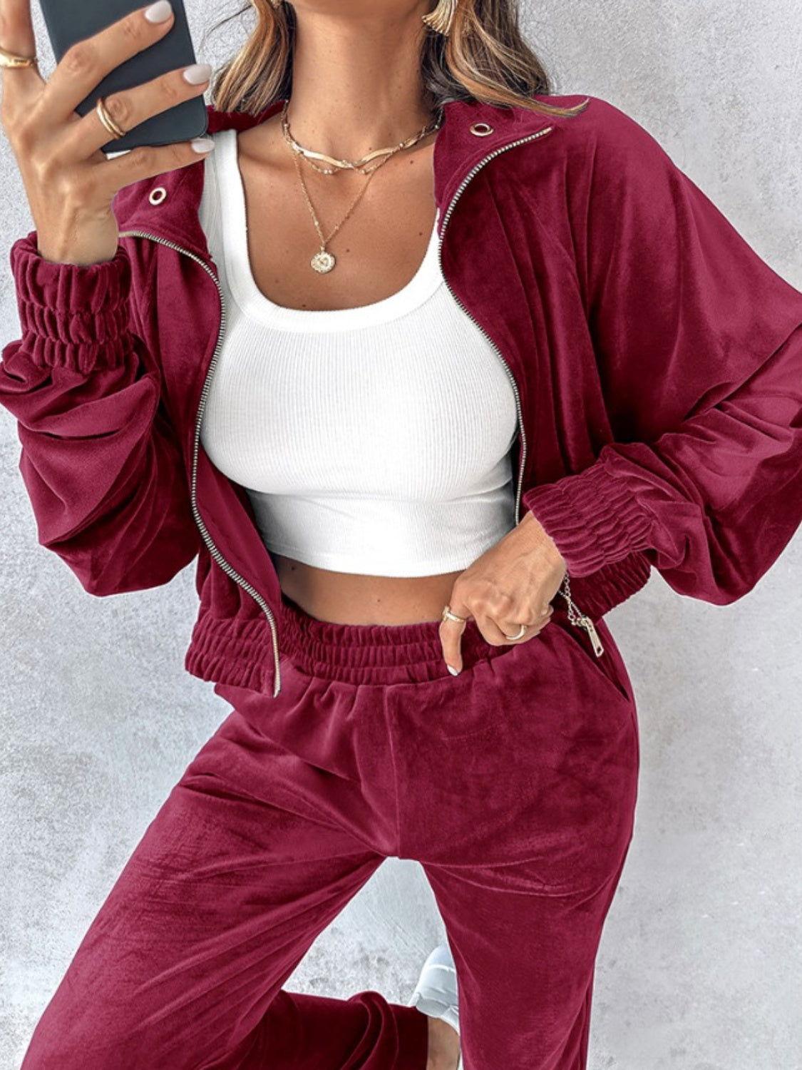 Zip Up Long Sleeve Cropped Top and Joggers Set - Clothes For Her Online Store