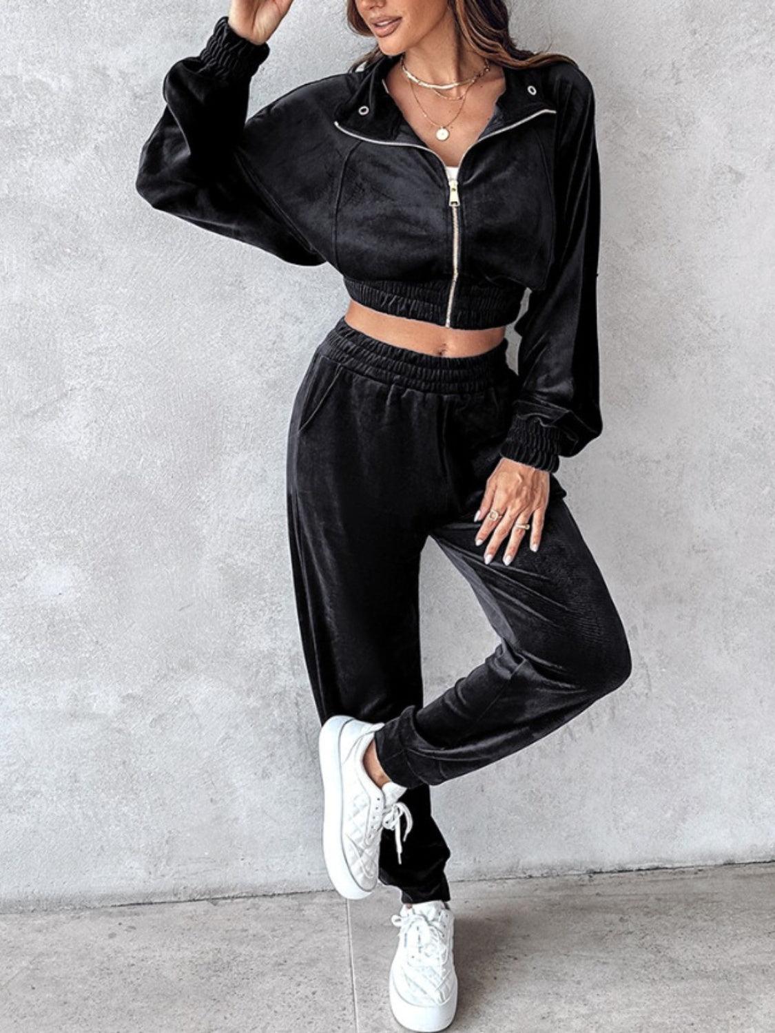 Zip Up Long Sleeve Cropped Top and Joggers Set - Clothes For Her Online Store