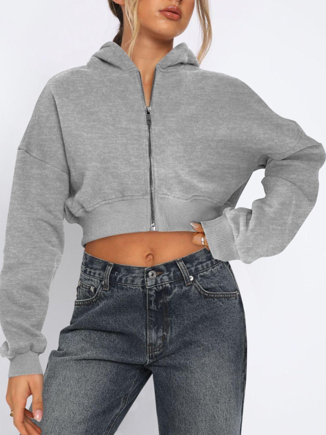 Zip Up Long Sleeve Hooded Cropped Jacket - Clothes For Her Online Store