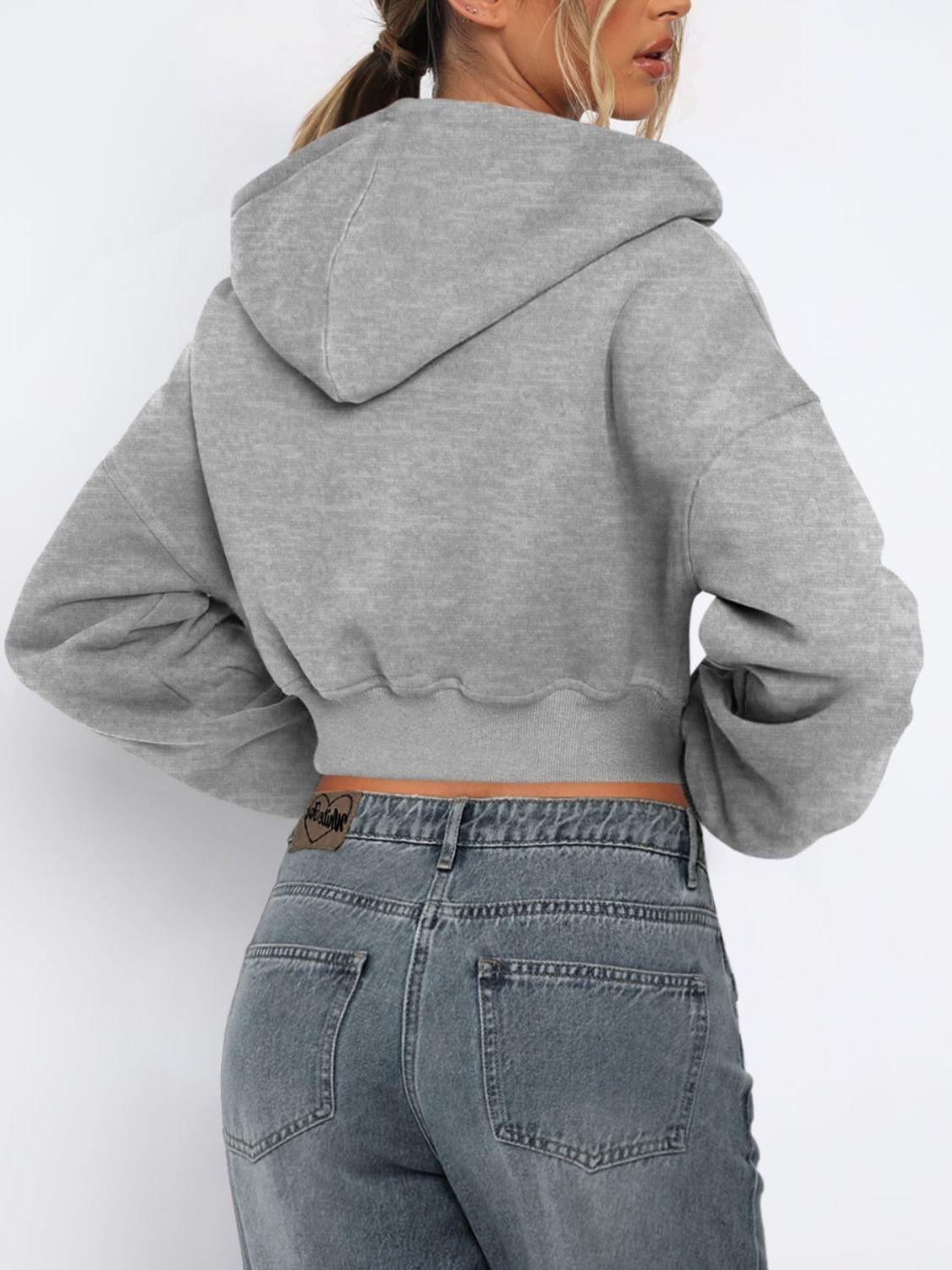 Zip Up Long Sleeve Hooded Cropped Jacket - Clothes For Her Online Store