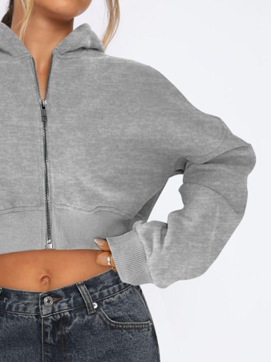 Zip Up Long Sleeve Hooded Cropped Jacket - Clothes For Her Online Store