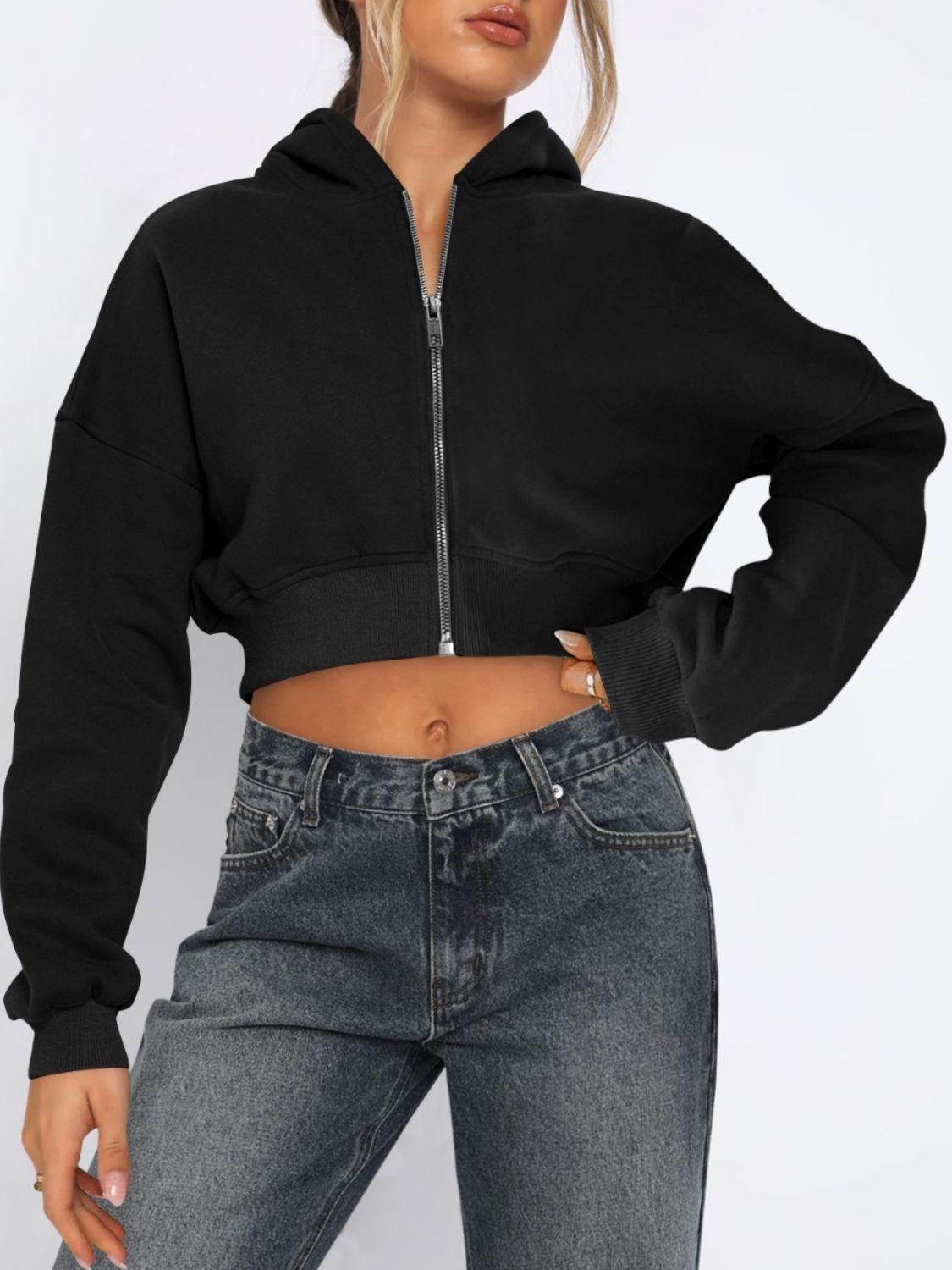 Zip Up Long Sleeve Hooded Cropped Jacket - Clothes For Her Online Store