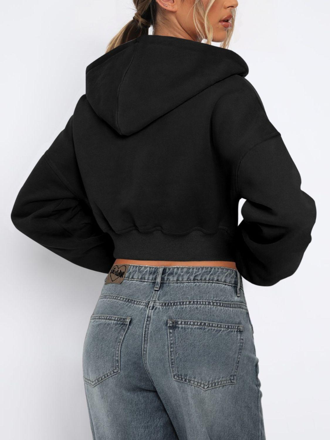 Zip Up Long Sleeve Hooded Cropped Jacket - Clothes For Her Online Store