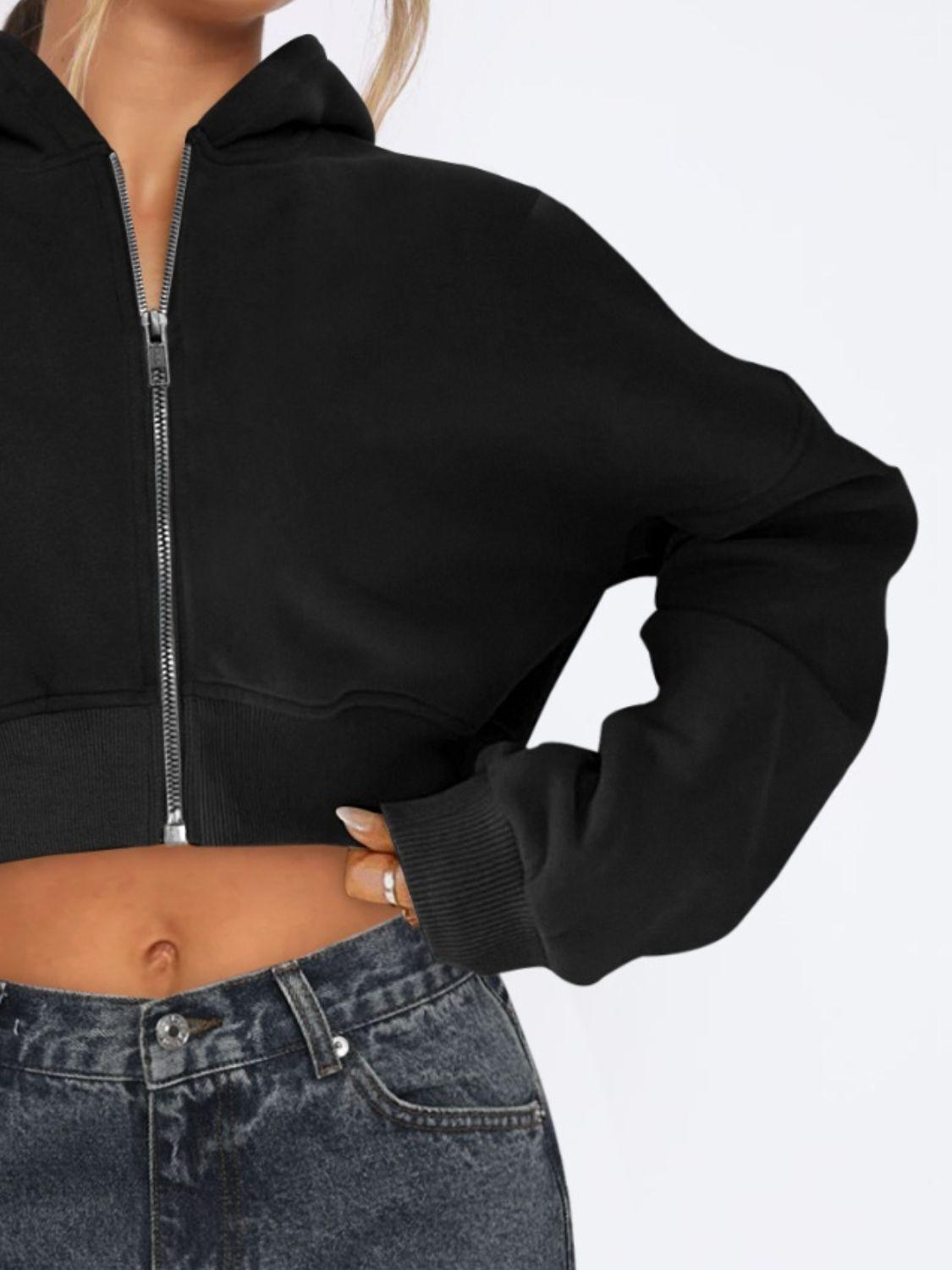 Zip Up Long Sleeve Hooded Cropped Jacket - Clothes For Her Online Store