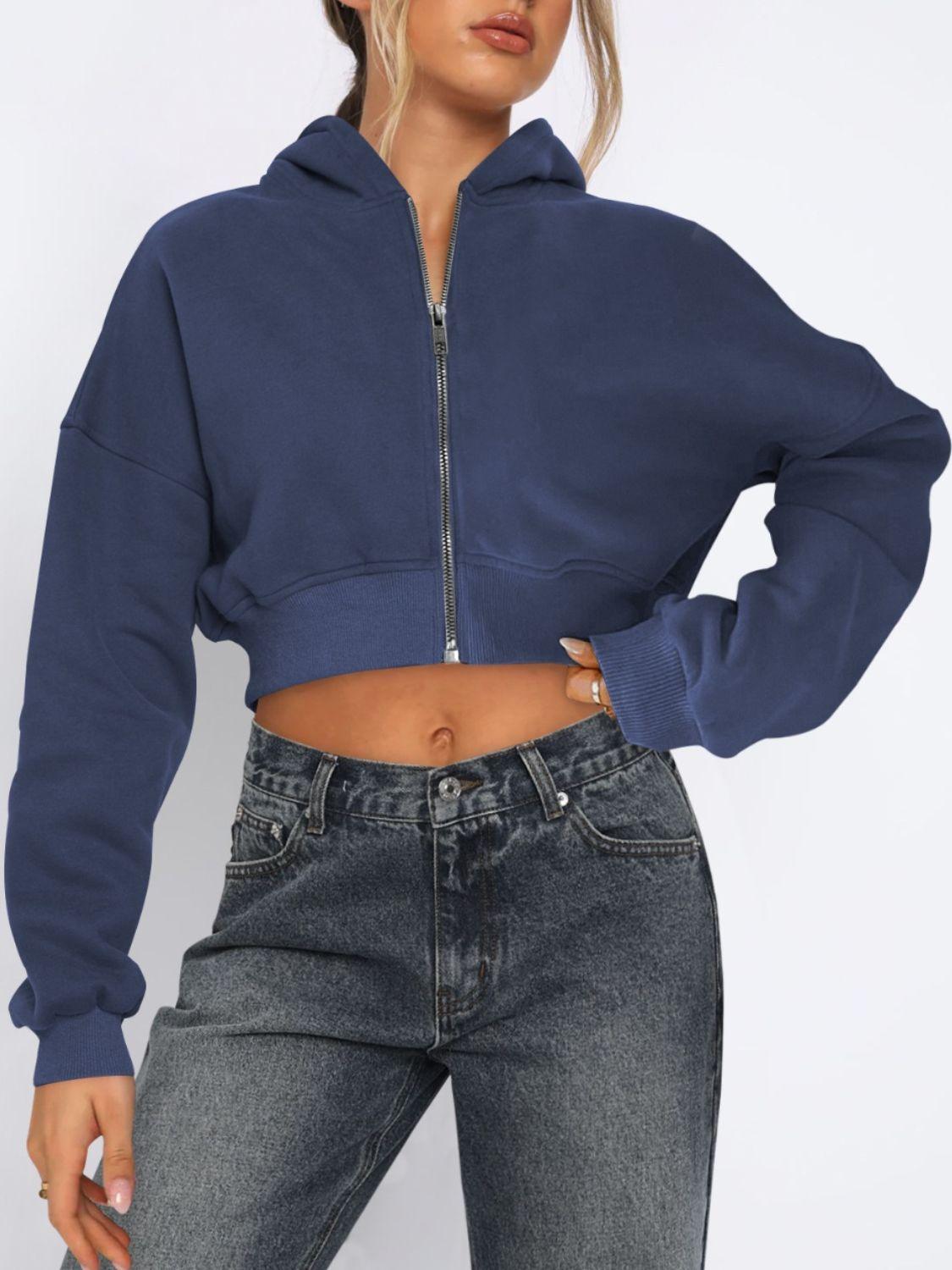 Zip Up Long Sleeve Hooded Cropped Jacket - Clothes For Her Online Store