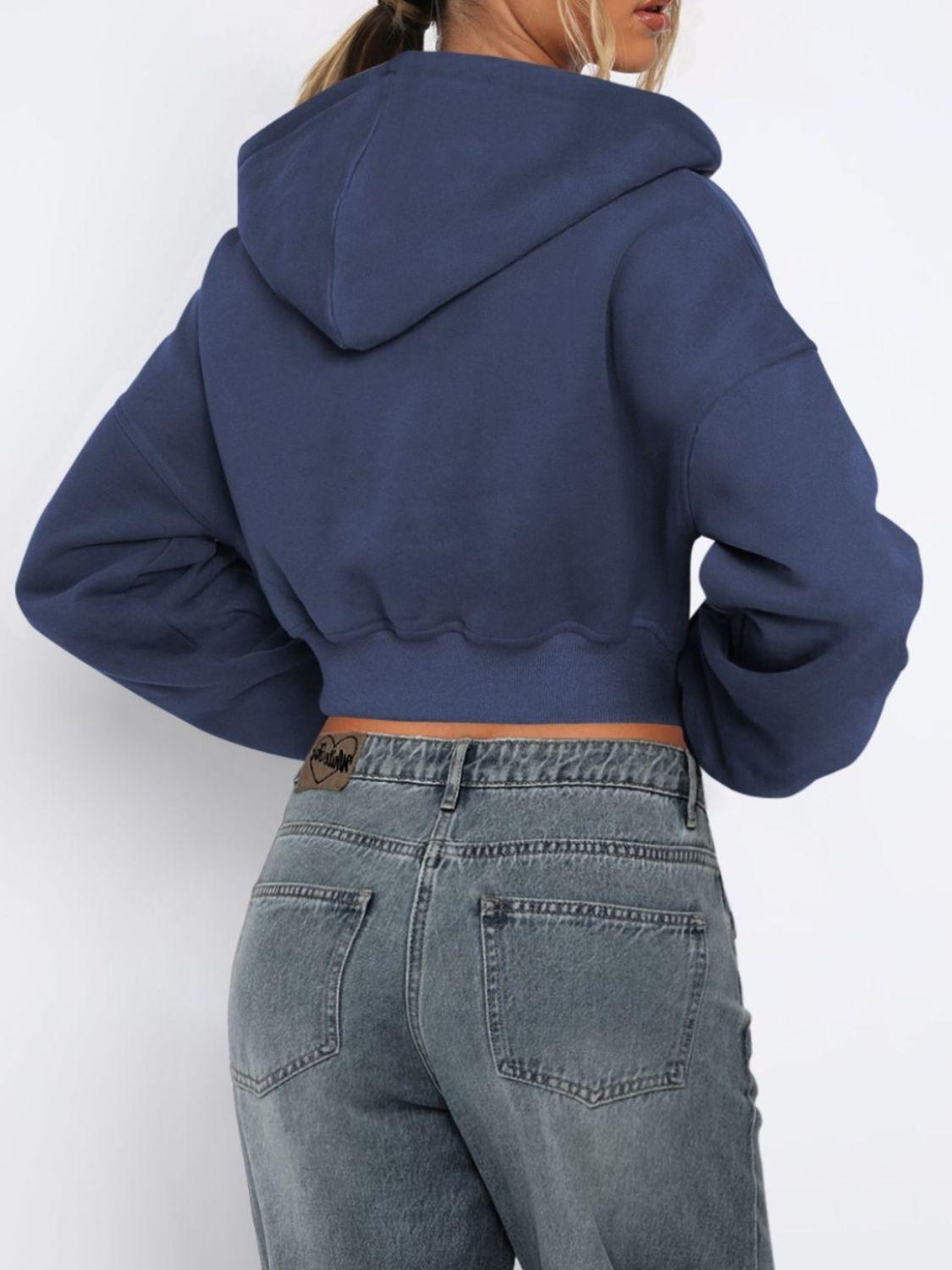 Zip Up Long Sleeve Hooded Cropped Jacket - Clothes For Her Online Store