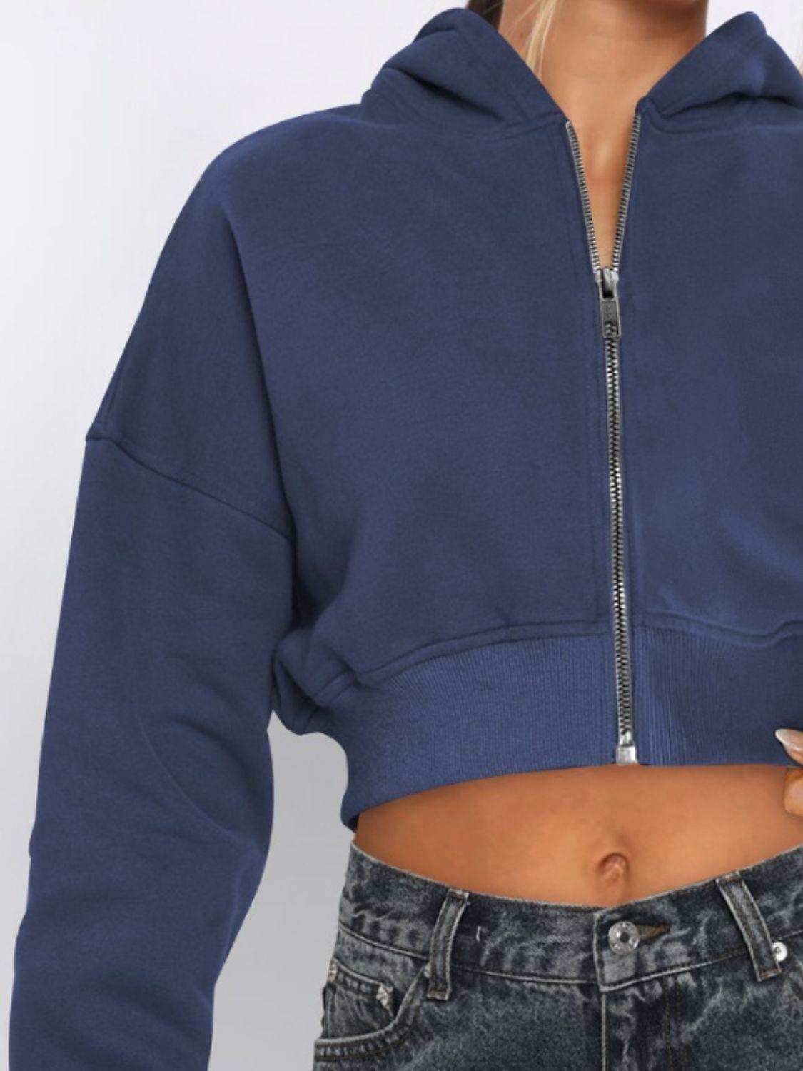 Zip Up Long Sleeve Hooded Cropped Jacket - Clothes For Her Online Store