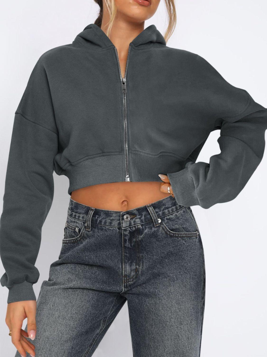 Zip Up Long Sleeve Hooded Cropped Jacket - Clothes For Her Online Store