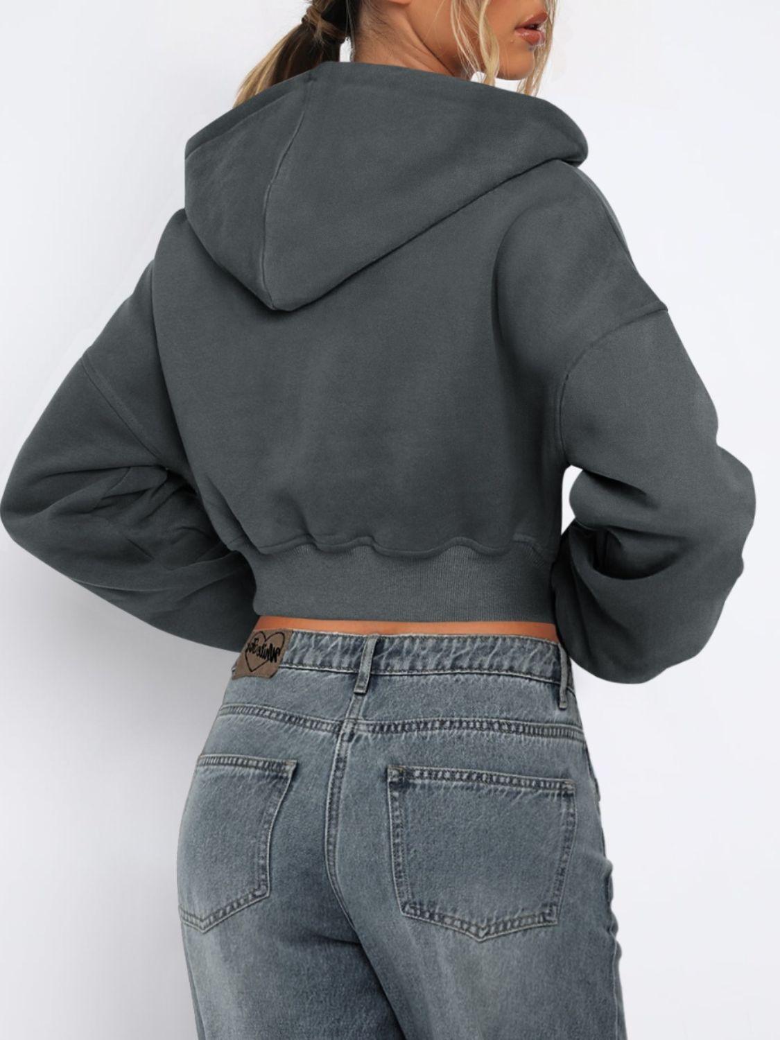Zip Up Long Sleeve Hooded Cropped Jacket - Clothes For Her Online Store