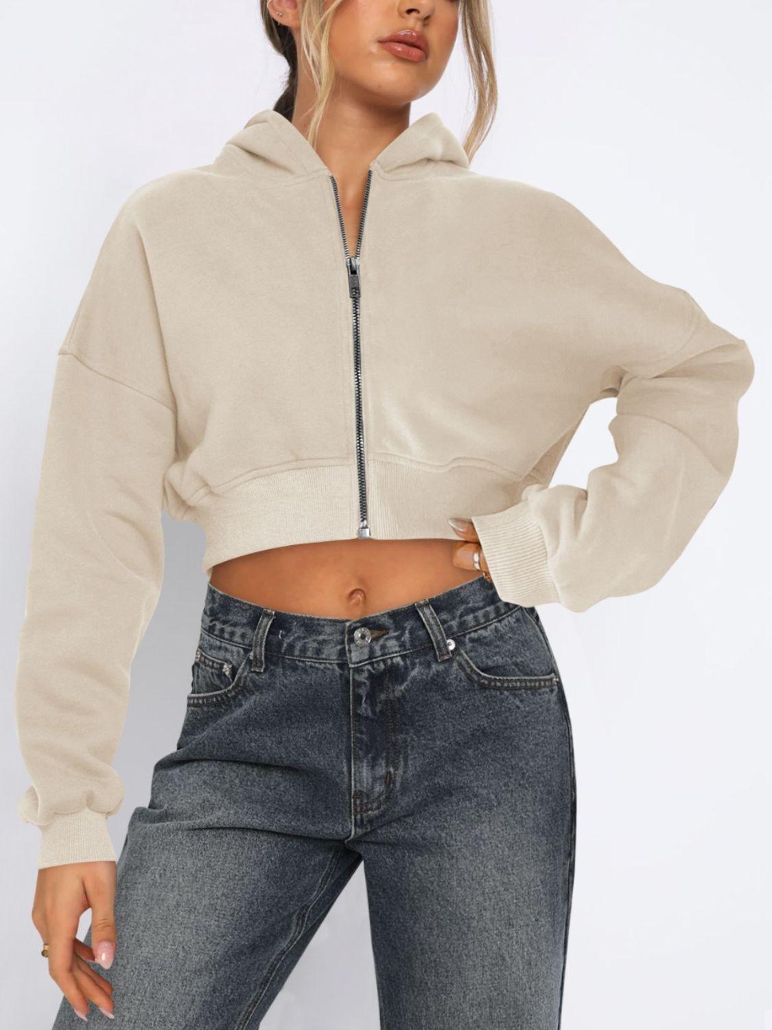 Zip Up Long Sleeve Hooded Cropped Jacket - Clothes For Her Online Store