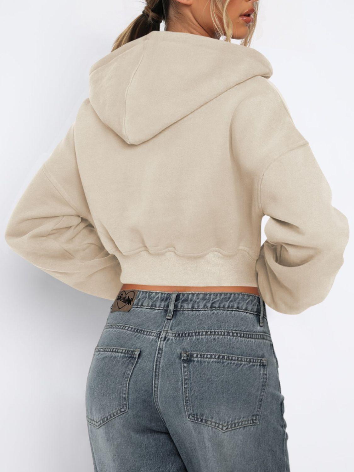 Zip Up Long Sleeve Hooded Cropped Jacket - Clothes For Her Online Store