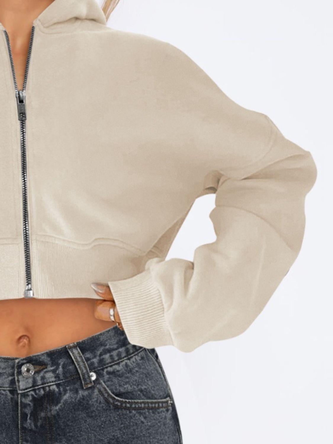 Zip Up Long Sleeve Hooded Cropped Jacket - Clothes For Her Online Store