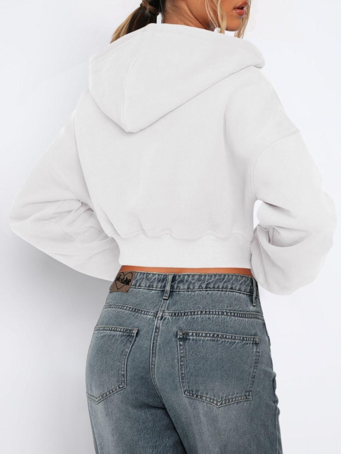 Zip Up Long Sleeve Hooded Cropped Jacket - Clothes For Her Online Store