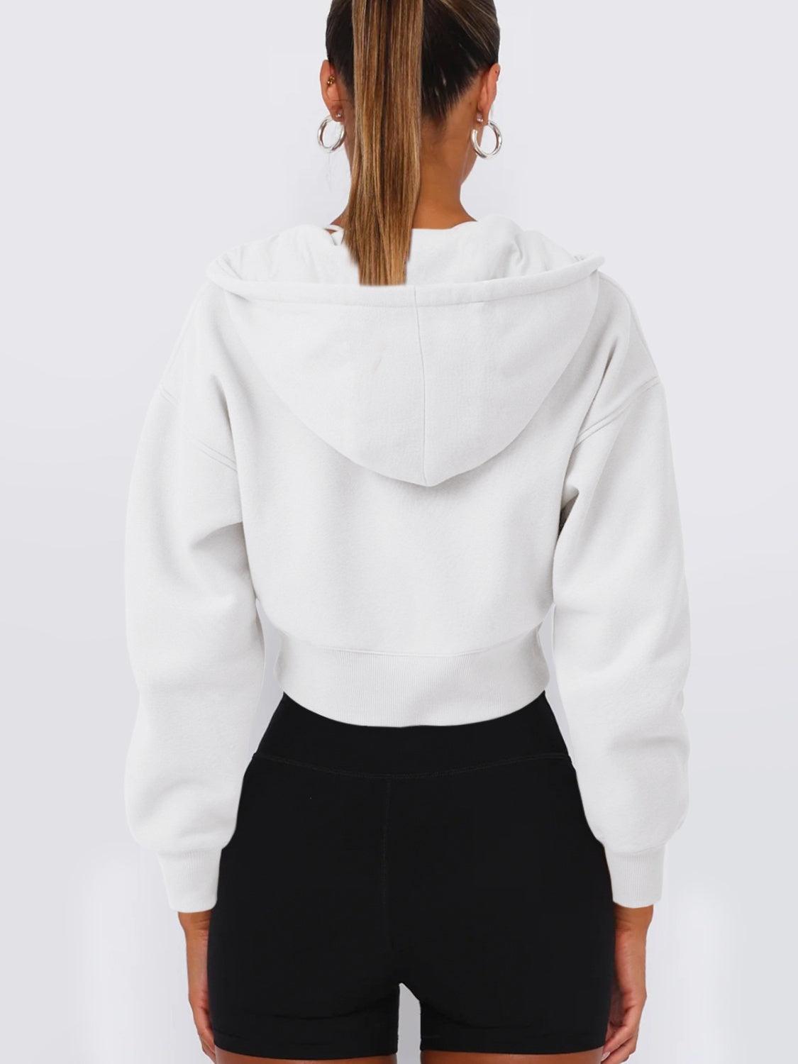 Zip Up Long Sleeve Hooded Cropped Jacket - Clothes For Her Online Store