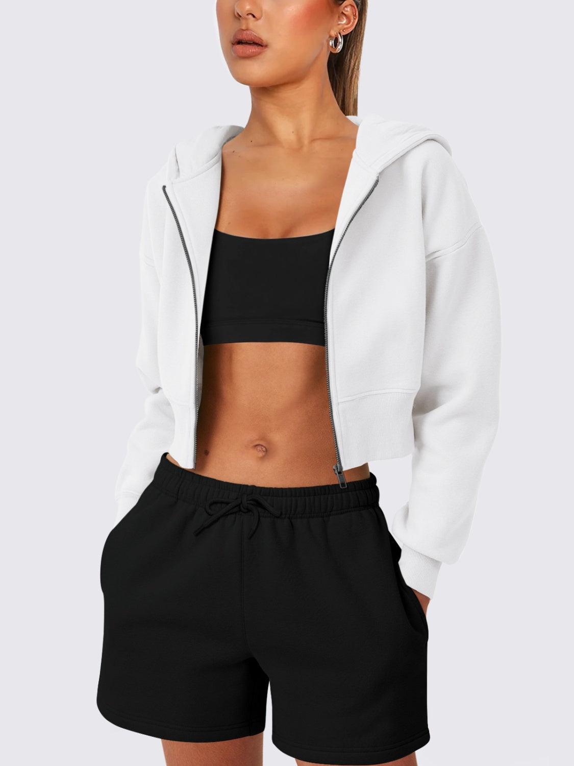 Zip Up Long Sleeve Hooded Cropped Jacket - Clothes For Her Online Store