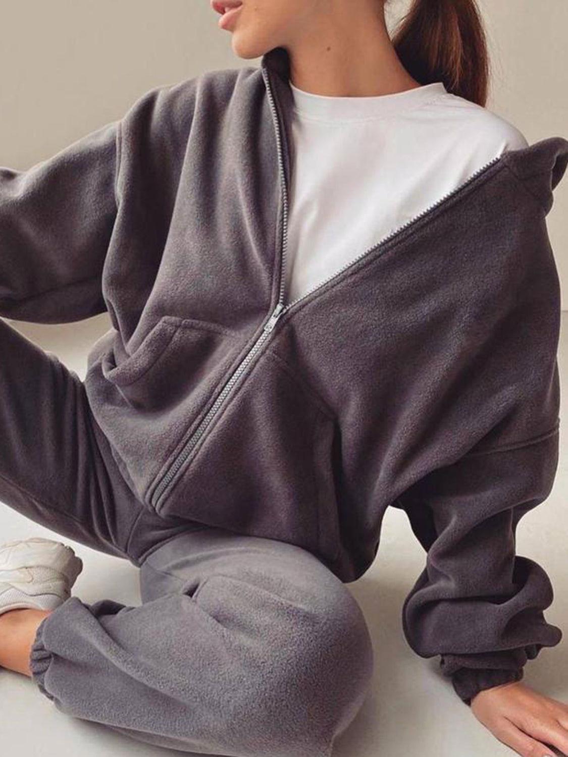 Zip Up Long Sleeve Hoodie and Joggers Set - Clothes For Her Online Store