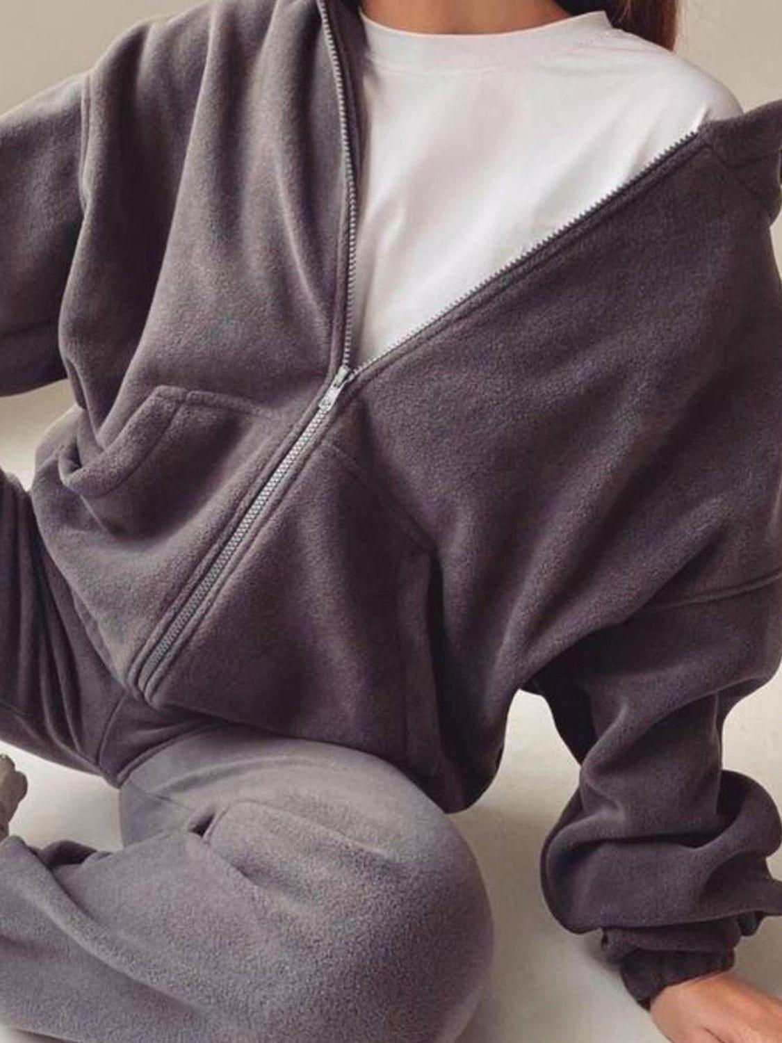 Zip Up Long Sleeve Hoodie and Joggers Set - Clothes For Her Online Store