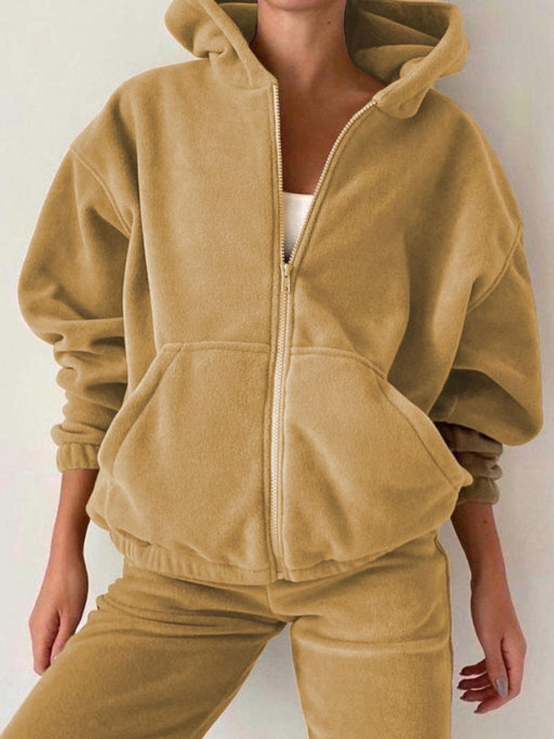 Zip Up Long Sleeve Hoodie and Joggers Set - Clothes For Her Online Store
