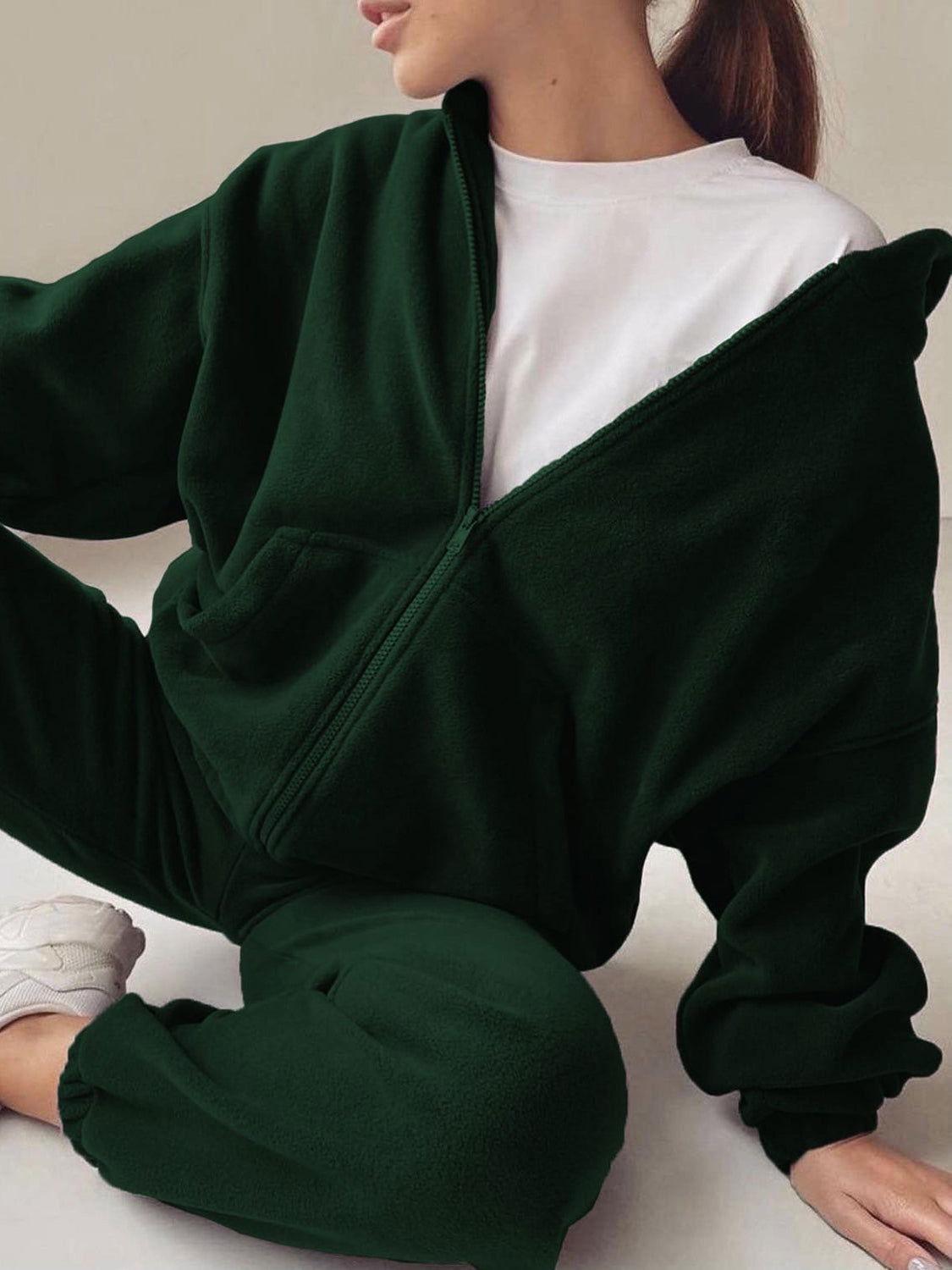 Zip Up Long Sleeve Hoodie and Joggers Set - Clothes For Her Online Store