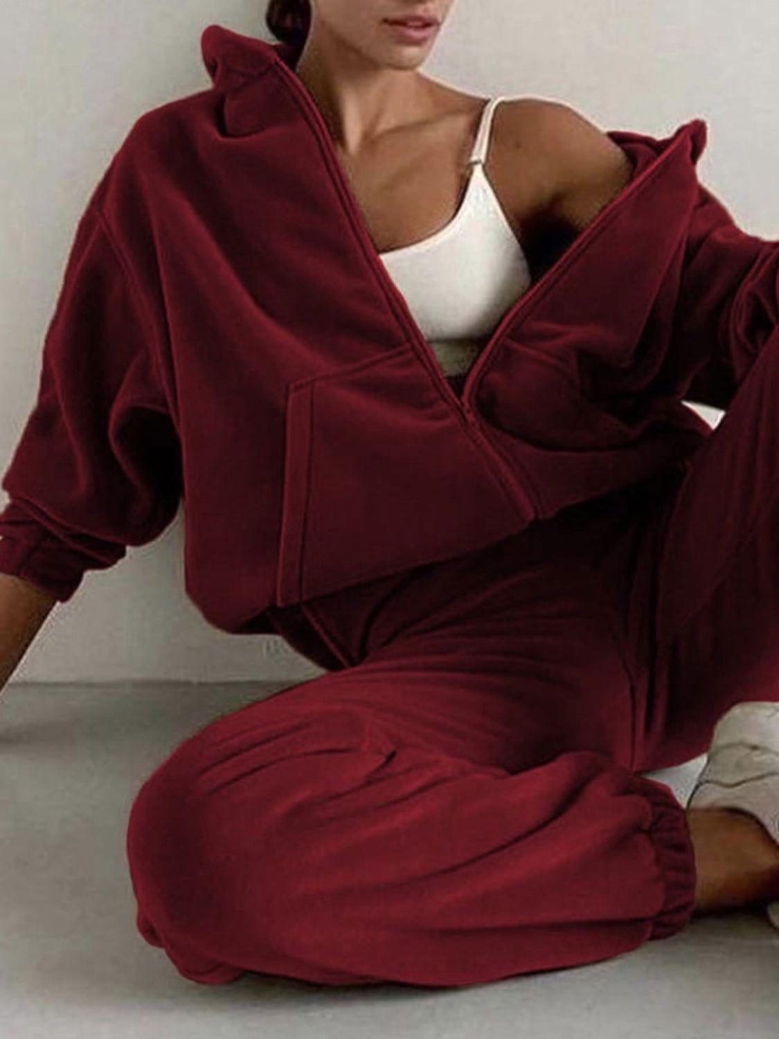 Zip Up Long Sleeve Hoodie and Joggers Set - Clothes For Her Online Store