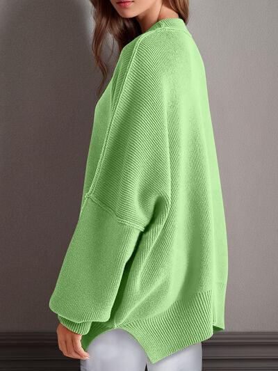 Double Take Side Slit Round Neck Long Sleeve Sweater - Clothes For Her Online Store