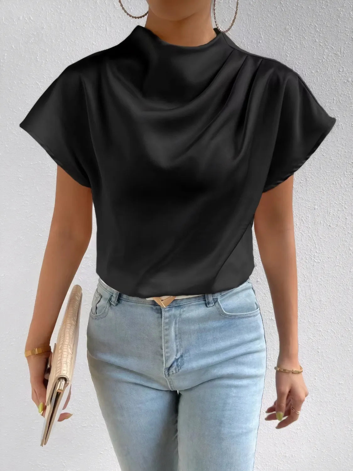 Mock Neck Short Sleeve Blouse