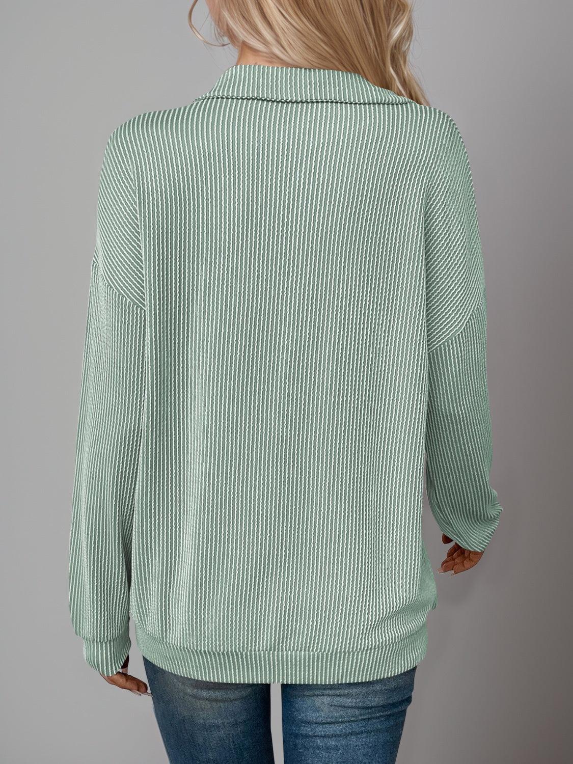 Double Take Striped Half Zip Long Sleeve T-Shirt - Clothes For Her Online Store