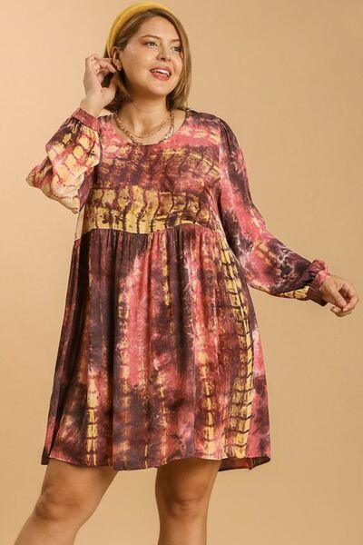 Umgee Full Size Tie Dye Long Sleeve Babydoll Dress with Keyhole Plus Size - Clothes For Her Online Store