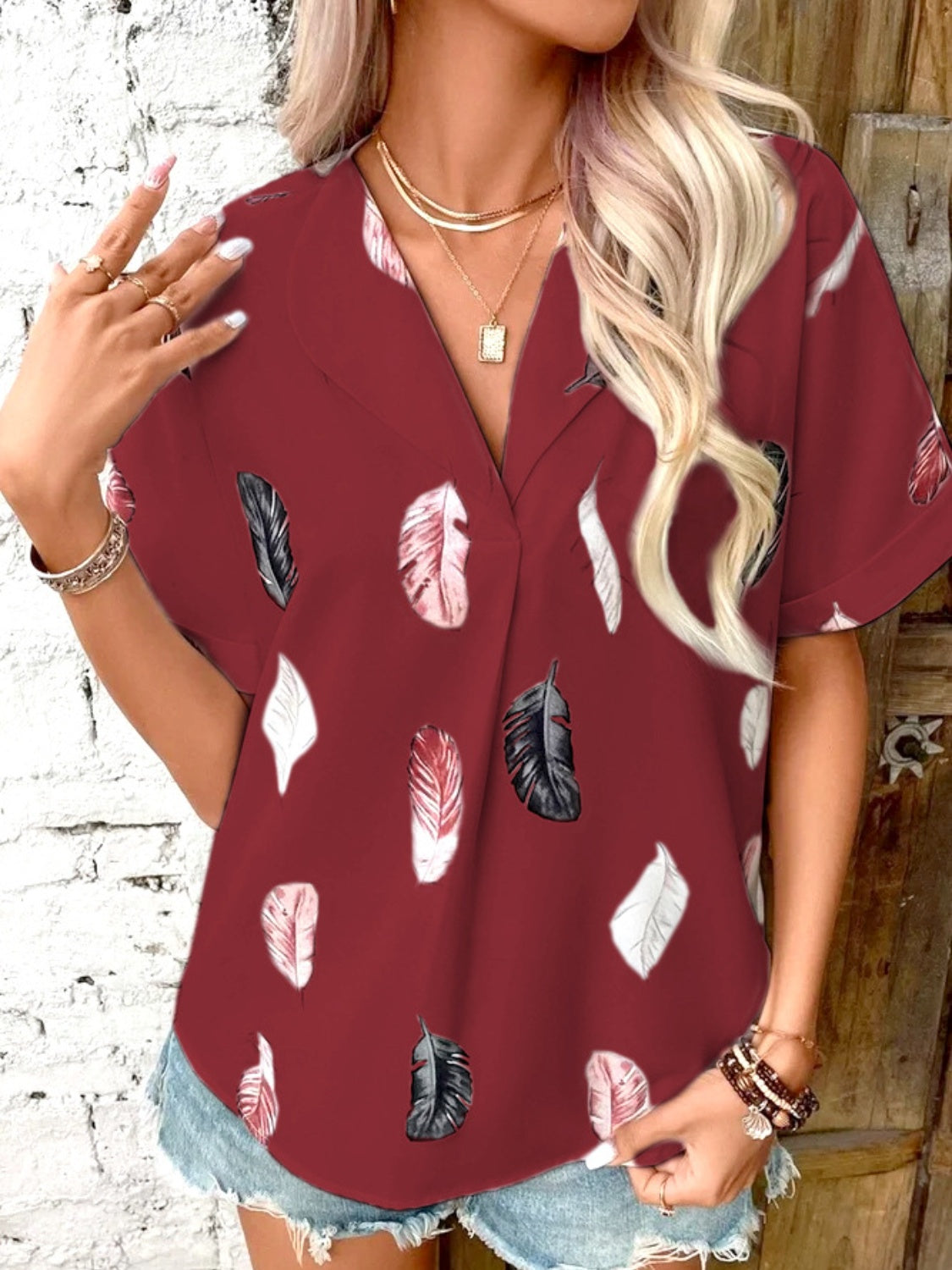 Full Size Printed Collared Neck Short Sleeve Blouse - Clothes For Her Online Store