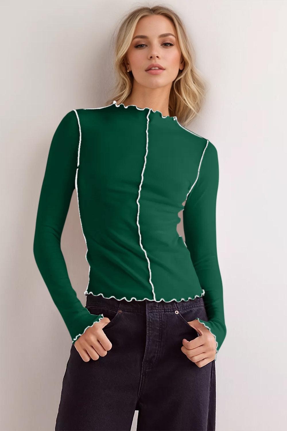 Basic Bae Contrast Trim Mock Neck Long Sleeve T-Shirt - Clothes For Her Online Store