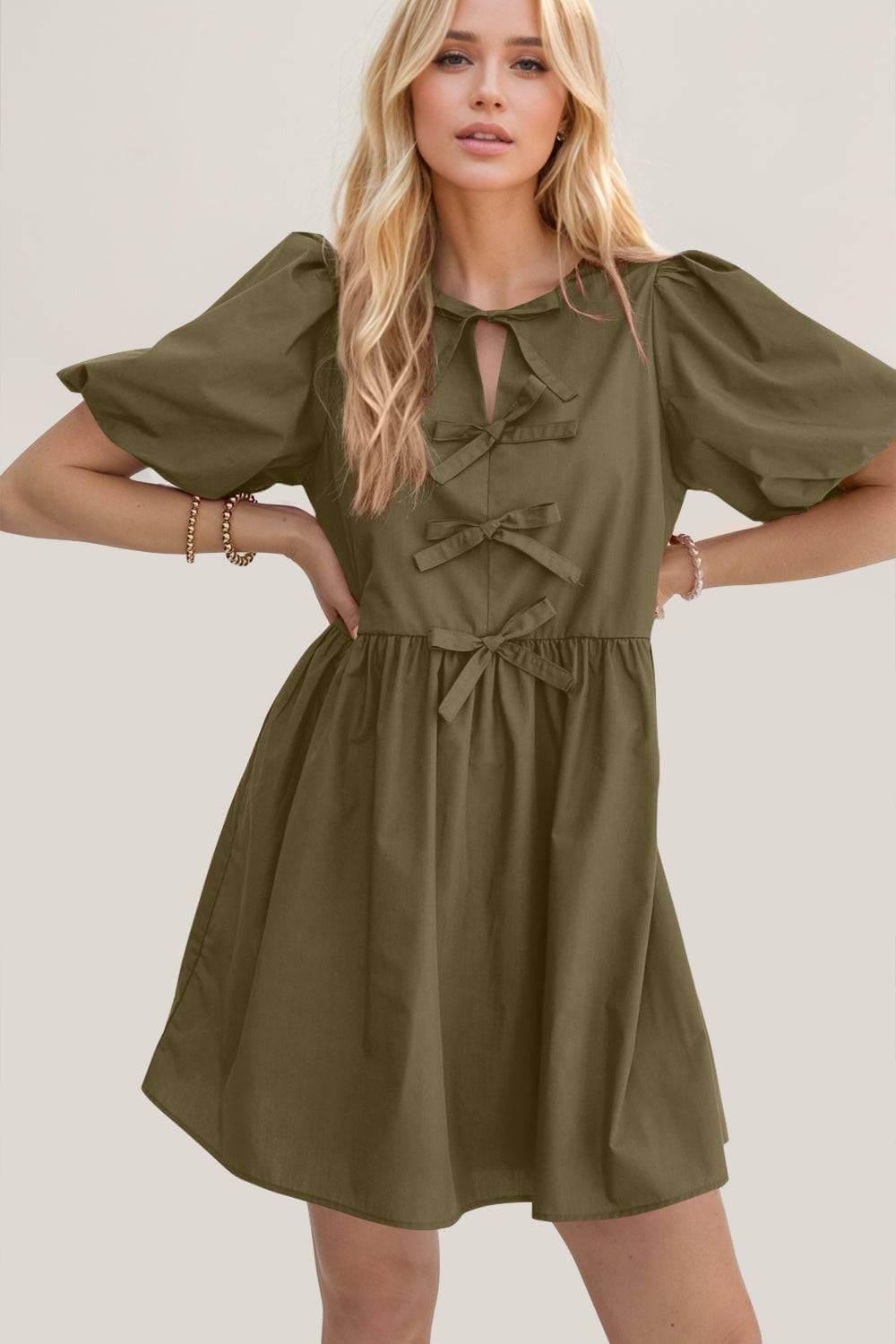 Oh Bow Ruched Puff Sleeve Mini Dress - Clothes For Her Online Store