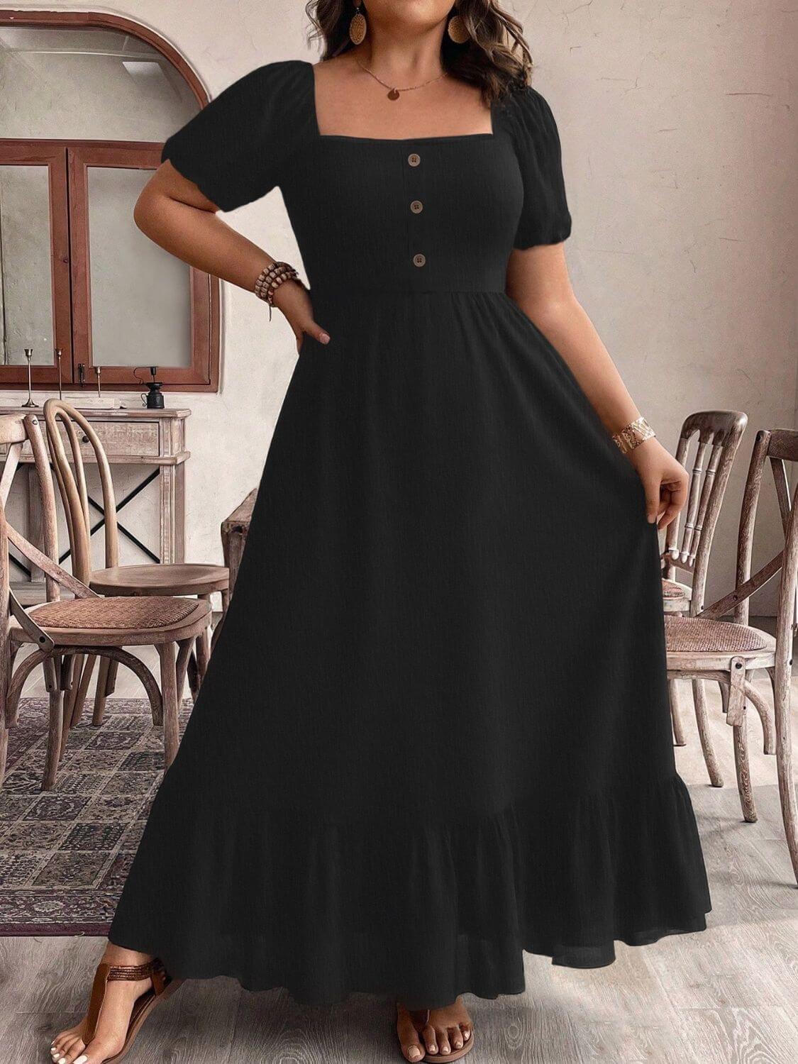 Plus Size Ruffled Hem Square Neck Short Sleeve Dress - Clothes For Her Online Store