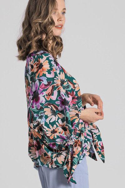 Umgee Full Size Floral V-Neck Tie Sleeve Blouse Plus Size - Clothes For Her Online Store