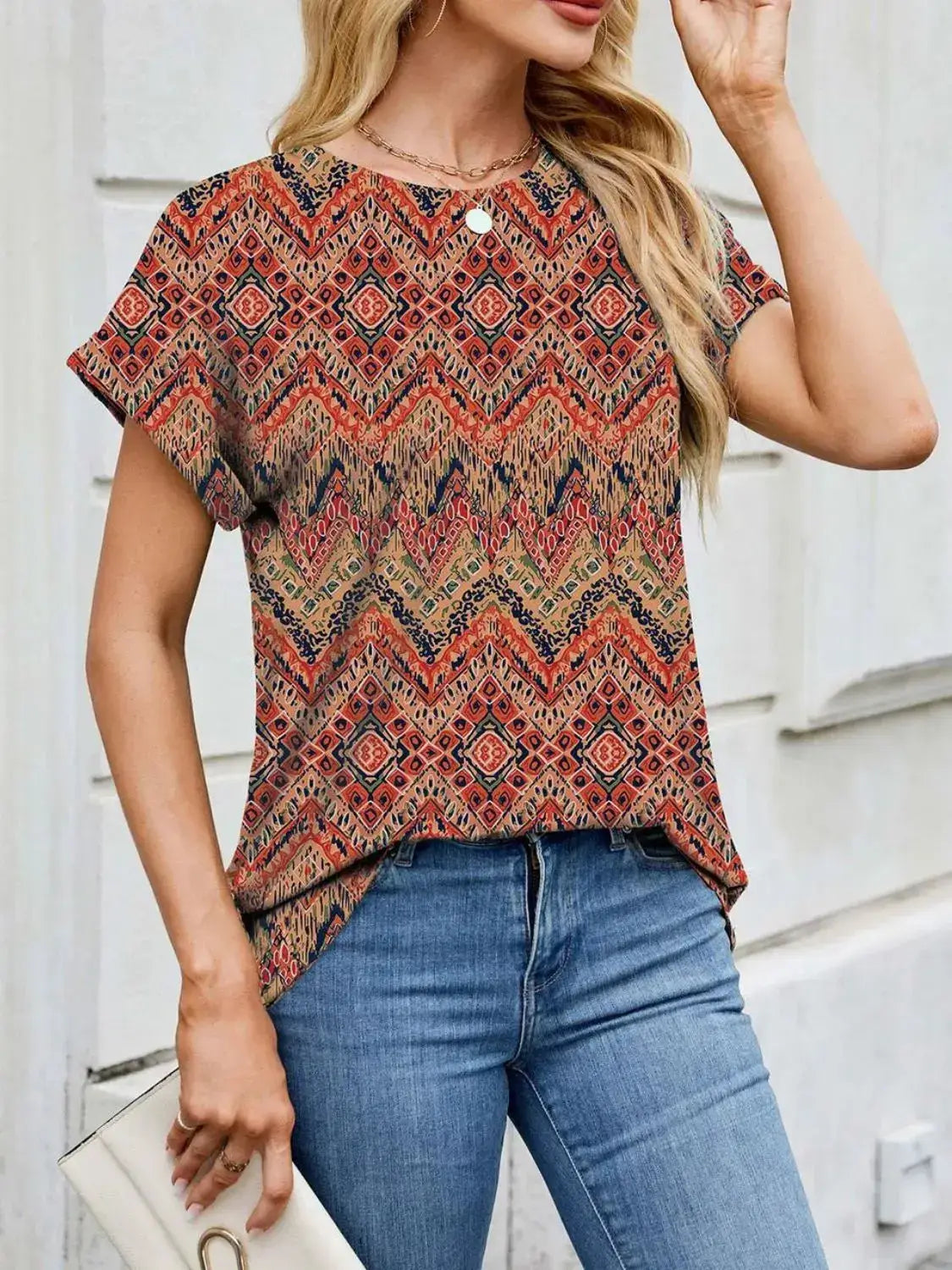 Printed Round Neck Short Sleeve Top - Clothes For Her Online Store