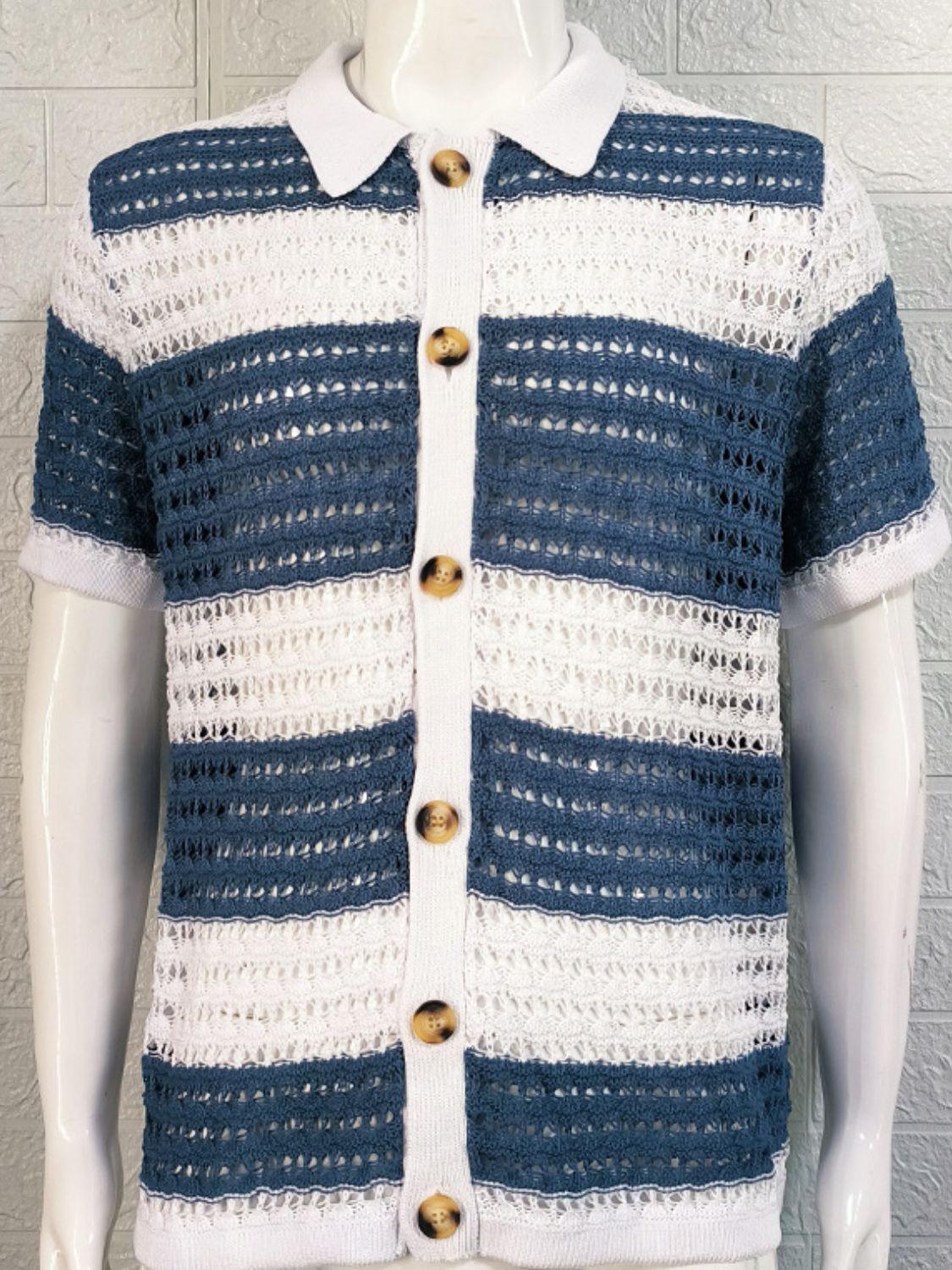 Men's Button Down Collared Neck Contrast Openwork Shirt - Clothes For Her Online Store