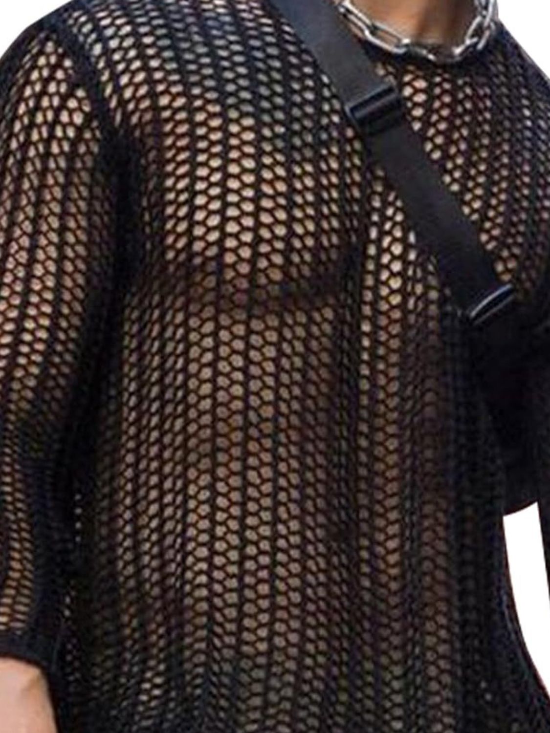 Men's Full Size Hollow Out Round Neck Long Sleeve Top Plus Size - Clothes For Her Online Store