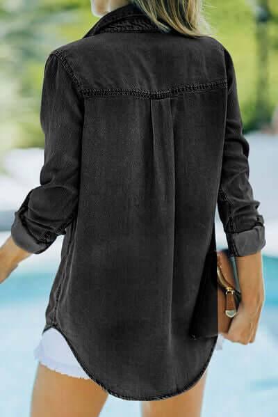 Pocketed Collared Neck Long Sleeve Denim Top - Clothes For Her Online Store