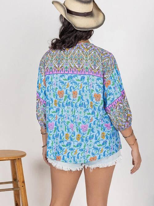 Plus Size Printed Tie Neck Balloon Sleeve Blouse - Clothes For Her Online Store