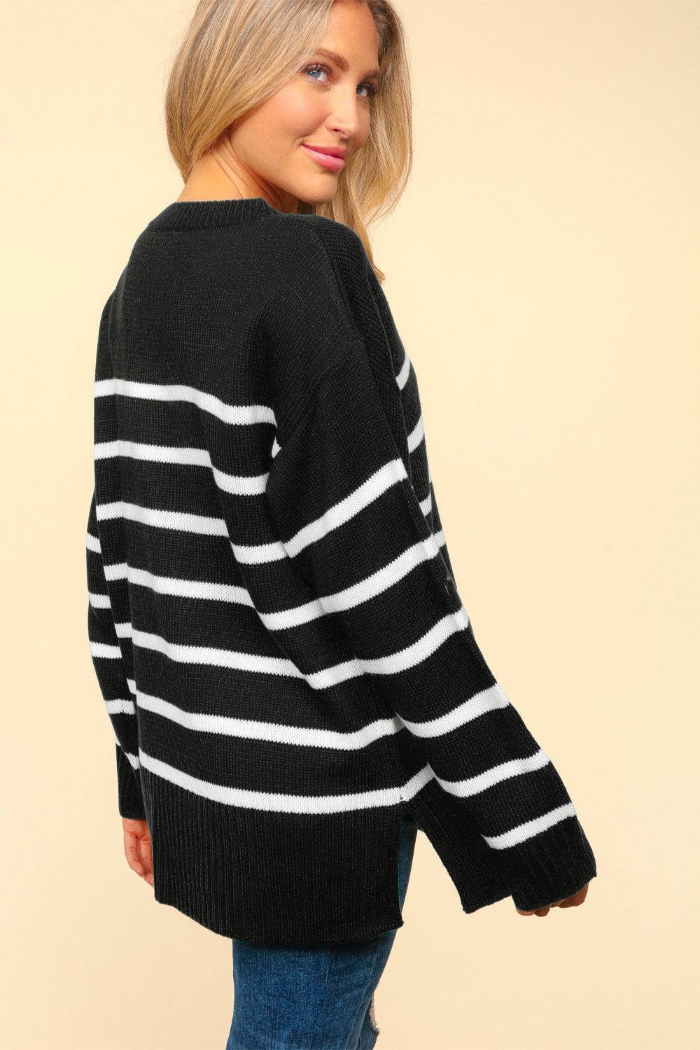 Haptics Full Size Striped Contrast Side Slit Sweater - Clothes For Her Online Store