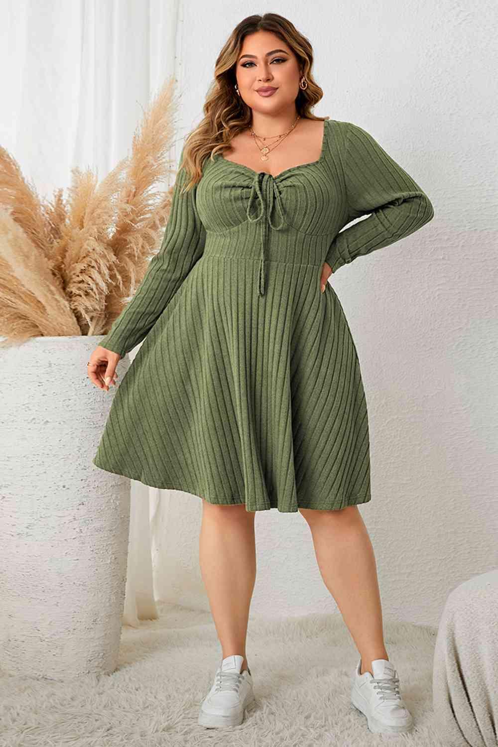 Honey Plus Size Sweetheart Neck Long Sleeve Ribbed Dress - Clothes For Her Online Store