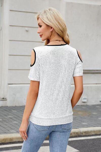 Sequin Crisscross V-Neck Cold Shoulder Blouse - Clothes For Her Online Store