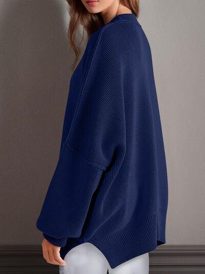 Double Take Side Slit Round Neck Long Sleeve Sweater - Clothes For Her Online Store